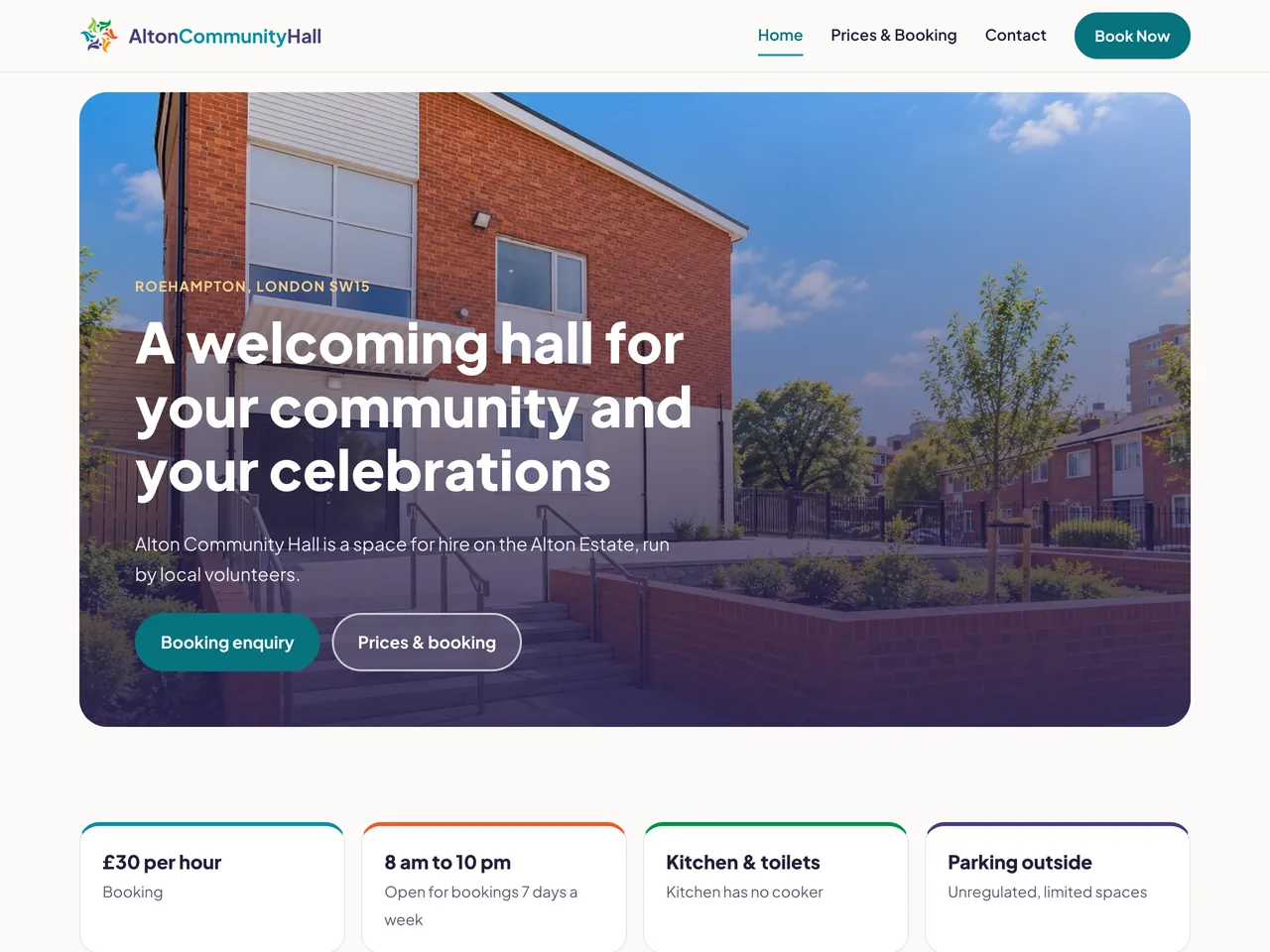 Alton Community Hall website screenshot, a hall for hire in Roehampton